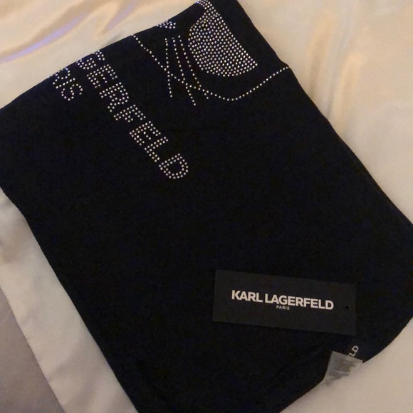 Karl Lagerfeld Black Rectangular Scarf Embellished Stud Choupette & Logo OS NWT - Picture 15 of 16